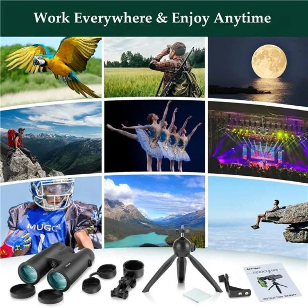 High Powered 12x42 HD Binoculars with Phone Adapter, Tripod and Tripod Adapter